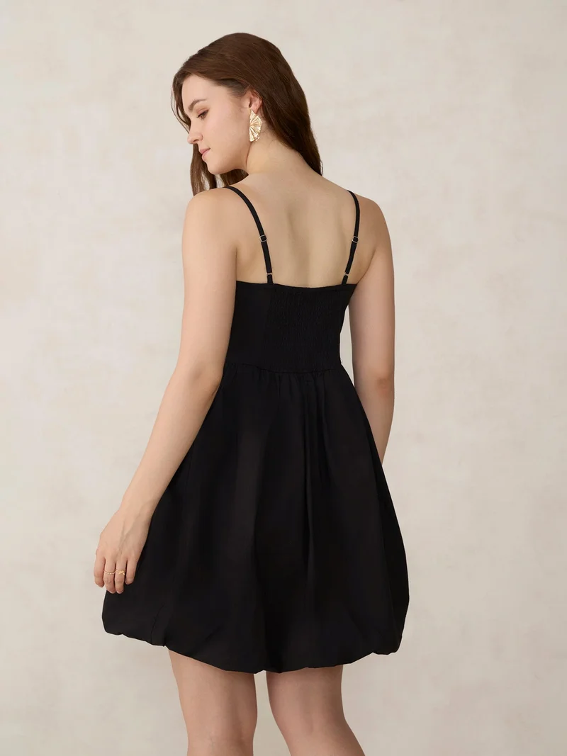 OUTZIDR Black Solid Bubble Hem Mini Dress